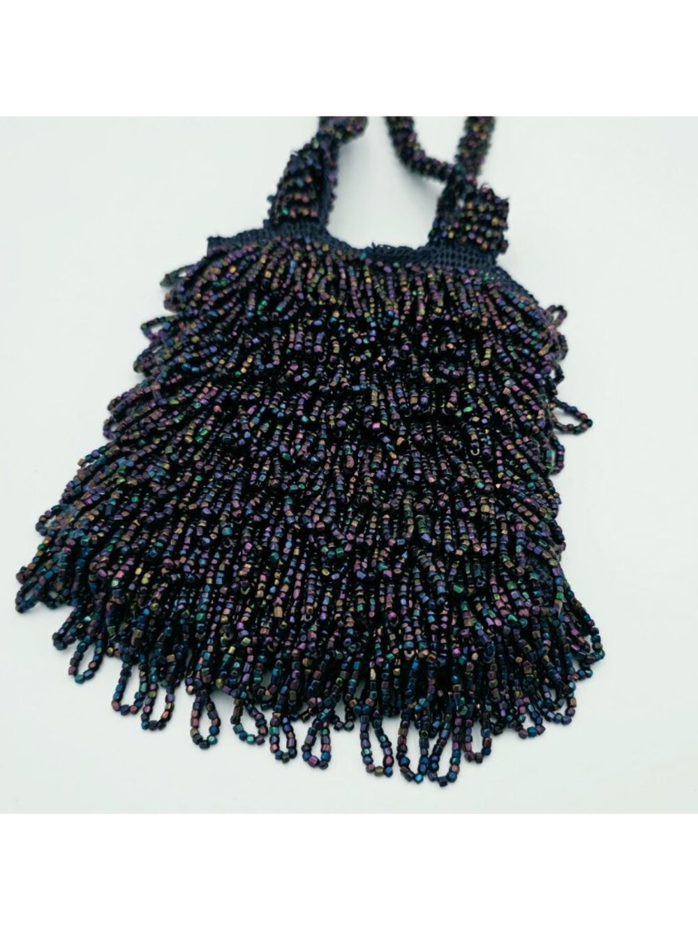 1930s  Handcrafted Beaded Black Iridescent Evening Bag With Fringe Detail - Picture 2 of 6